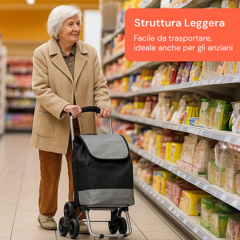 Carrello con struttura leggera facile da trasportare, ideale per anziani al supermercato per spesa comoda e senza fatica