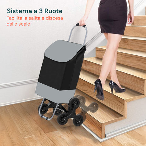 Carrello con sistema a 3 ruote che facilita salita e discesa dalle scale e gradini, maggiore stabilità e manovrabilità garantita