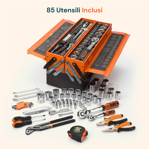 Cassetta Attrezzi Professionale con 85 Pezzi Inclusi per Uso Meccanico e Domestico