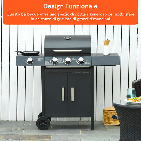 Barbecue a gas con design funzionale e 4 bruciatori, spazio cottura generoso per grigliate di grandi dimensioni su terrazza