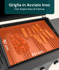 Griglia in acciaio inox con area di cottura 50x40 cm, perfetta per barbecue a gas con cibo grigliato