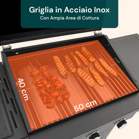 Griglia in acciaio inox con area di cottura 50x40 cm, perfetta per barbecue a gas con cibo grigliato