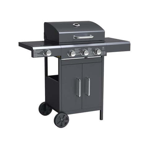 Barbecue a gas grigio antracite con 3 bruciatori, coperchio e mobiletto con ruote per giardino e terrazza