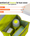 Interno borsa frigo con strato termoisolante BPA free, fodera impermeabile per mantenere al fresco cibi e bevande