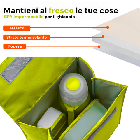 Interno borsa frigo con strato termoisolante BPA free, fodera impermeabile per mantenere al fresco cibi e bevande