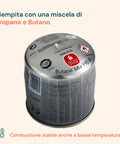Cartuccia riempita con miscela di propano e butano per combustione stabile anche a basse temperature outdoor