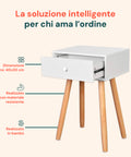 Comodino in bambù bianco con cassetto aperto, dimensioni ripiano 40x30 cm, realizzato con materiale resistente e bambù naturale