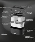 Componenti scaldavivande elettrico 3 in 1: contenitore acciaio inox, 2 contenitori porta frutta, posate, manico trasporto e coperchio