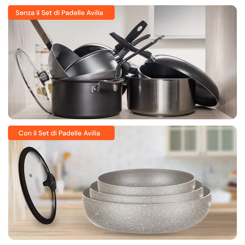 Confronto senza e con il set padelle Avilia per organizzazione cucina perfetta e spazio ottimizzato in modo intelligente