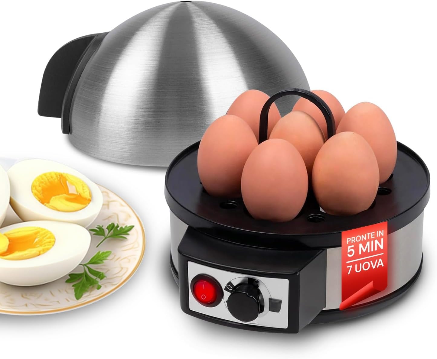 Cuociuova Elettrico 7 Uova Acciaio Inox Timer & Misurino