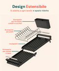 Design estensibile che si adatta a ogni lavello e spazio ridotto con scomparti modulabili per forchette, coltelli, cucchiai e piatti