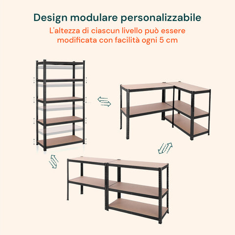 Design modulare personalizzabile con altezza regolabile ogni 5cm, configurazioni multiple per adattarsi a ogni spazio e esigenza