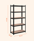 Dimensioni scaffale 180x90x40cm con 5 ripiani in MDF laminato effetto legno, struttura acciaio verniciato nero resistente