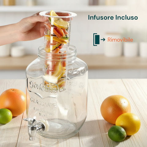 Dispenser in Vetro 4L con Rubinetto per Acqua, Succhi, Tè e Bevande Fredde