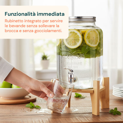 Dispenser Bevande in Vetro 8L con Rubinetto in Acciaio