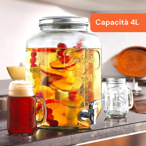 Dispenser in Vetro 4L con Rubinetto per Acqua, Succhi, Tè e Bevande Fredde