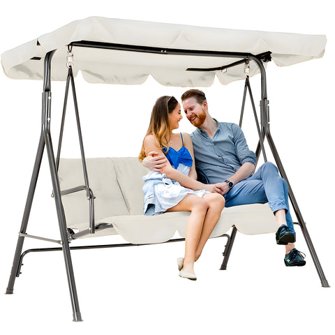 Dondolo da Esterno 3 Posti Beige con Struttura in Acciaio e Tettoia Orientabile