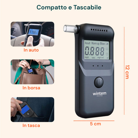 Etilometro portatile compatto 12x5 cm tascabile per auto, borsa e tasca, perfetto per controlli alcol ovunque