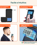 Etilometro digitale con istruzioni d'uso: inserimento batterie, test del respiro, lettura risultati su display LCD con voce italiana