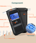 Etilometro digitale con componenti evidenziati: display LCD, pulsante on/off, voce italiana, 5 boccagli e batterie AAA
