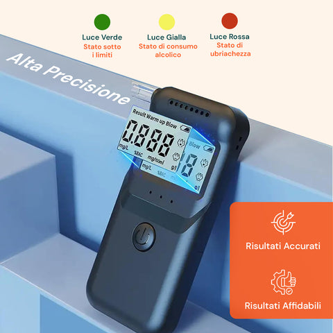 Etilometro ad alta precisione con indicatori LED colorati: luce verde sicura, gialla consumo alcol, rossa ubriachezza per risultati accurati