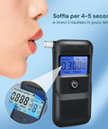 Etilometro digitale test rapido 4-5 secondi con donna che soffia nel boccaglio, display LCD mostra risultato immediato