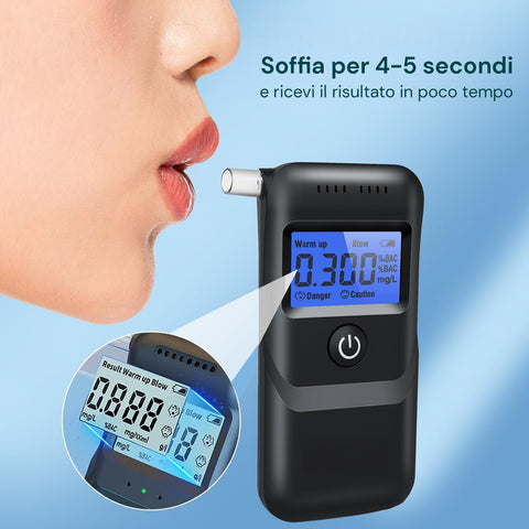 Etilometro digitale test rapido 4-5 secondi con donna che soffia nel boccaglio, display LCD mostra risultato immediato