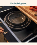 Facile da riporre con padelle impilabili e manici staccabili per spazio cucina ottimizzato e organizzazione perfetta
