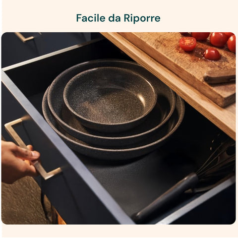 Facile da riporre con padelle impilabili e manici staccabili per spazio cucina ottimizzato e organizzazione perfetta
