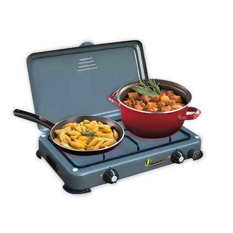 Fornello Esterno 2 Fuochi Inox Grigio per Riscaldo e Cottura in Campeggio