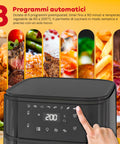 Friggitrice ad aria con 8 programmi automatici preimpostati, display touch LED e timer fino 90 minuti per cucinare patatine, carne, pesce, verdure e dolci