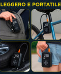 Mini compressore portatile e leggero mostrato in diverse situazioni d'uso: nello zaino, per biciclette, pneumatici auto e trasporto a mano