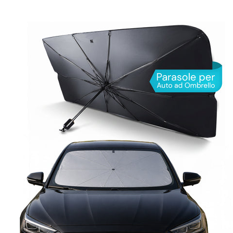 Parasole per Auto a Ombrello – Protezione Raggi UV Universale – Dimensioni 140x80cm – Struttura a 10 Aste in Ferro e Tessuto 170T – Pieghevole con Custodia Salvaspazio – Raffresca Abitacolo