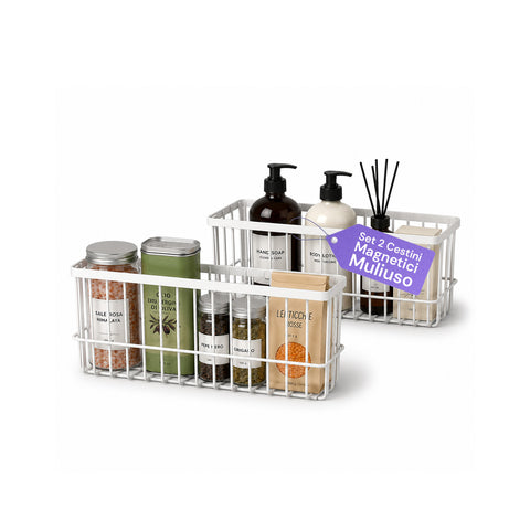 Set 2 Cestini Magnetici Multiuso in Acciaio, Organizer Portaoggetti Salvaspazio a Griglia, Installazione Senza Fori, Portata Max 5 kg