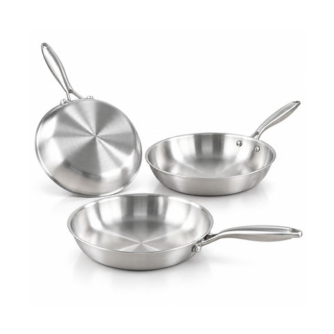 Set 3 Padelle in Acciaio Inox Tri-Ply 20-24-28 cm | Fondo Induzione Adatto a Tutti i Piani Cottura, PFAS Free e Uso in Forno