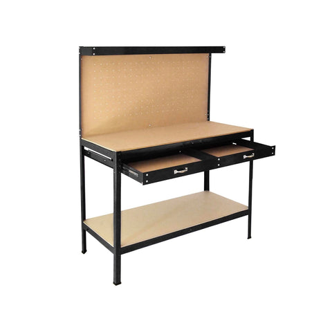 Banco Da Lavoro 2 Ripiani E 1 Cassetto In Acciaio Con Schienale In Mdf 150x120x60cm