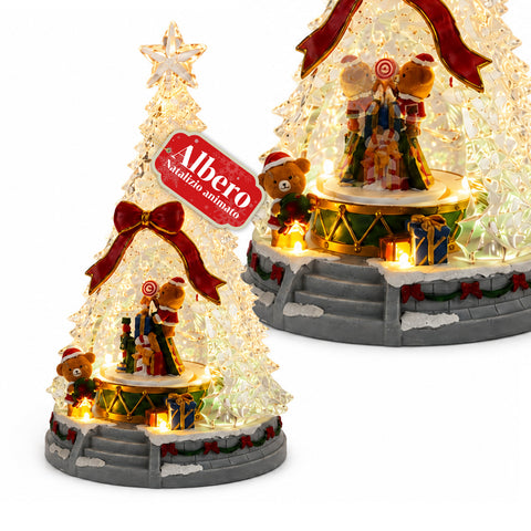 Albero di Natale luminoso JoyTree con musica e animazione 360°, luci LED, scena con orsetti e schiaccianoci, doppia alimentazione USB, 32,5 cm
