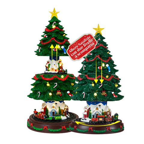 Albero di Natale Luminoso SpinPine 45,5 cm con Villaggio e Trenino Rotante, Luci LED Bianco Caldo, Musica Natalizia, Alimentazione USB o a Batterie