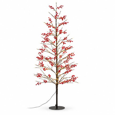 Albero Luminoso con Bacche Rosse 150 cm, 635 LED Bianco Caldo