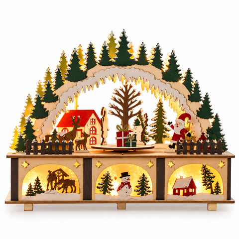 Arco natalizio in legno con LED, villaggio con parte rotante 27 cm
