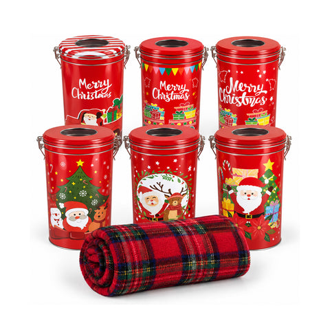 Barattolo Natalizio 30x16 cm con Plaid Coral Fleece 145x110 cm, Coperta Morbida Tartan a Quadri - Blind Box