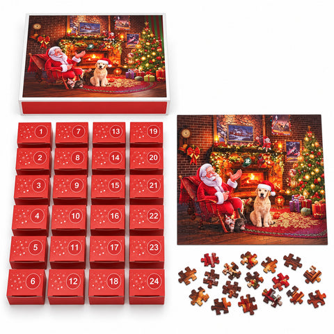 Calendario dell'Avvento Puzzle 1008 Pezzi da Assemblare in 24 Giorni, Scena Natalizia con Babbo Natale e Cane, Puzzle Finale 70x50 cm