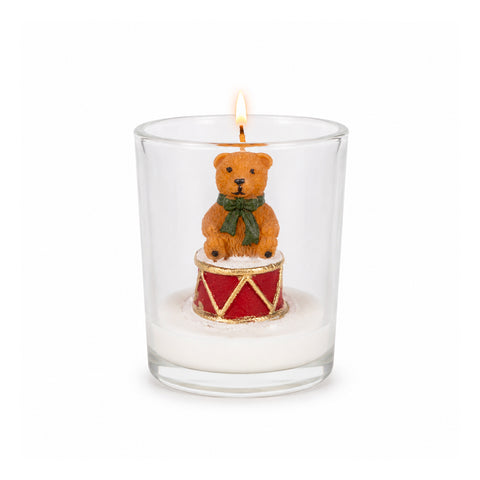 saint joy candela natalizia in bicchiere di vetro 7 cm orsetto con cappello di babbo natale o orso sul tamburo decorazione e centrotavola ean 8056819079807