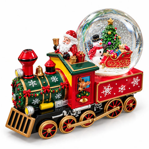 Carillon locomotiva natalizia con sfera di neve in vetro, Babbo Natale sul treno, a carica meccanica, dimensioni 22x13x17,5 cm