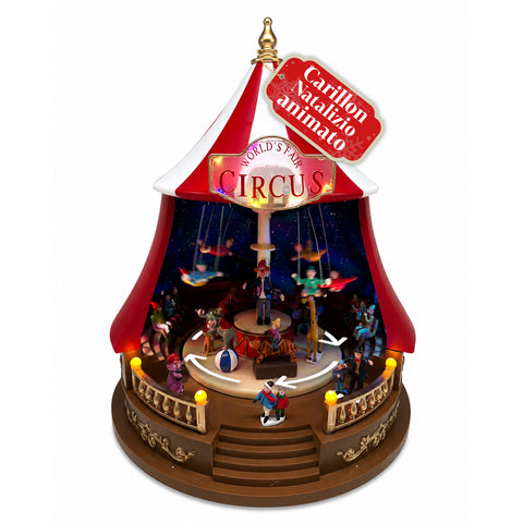 Carillon Natalizio Animato CircoJoy con Luci LED e Musica, Tendone Circo Ø34 x H44 cm in Plastica, Scena Rotante, Alimentazione USB o a Batterie