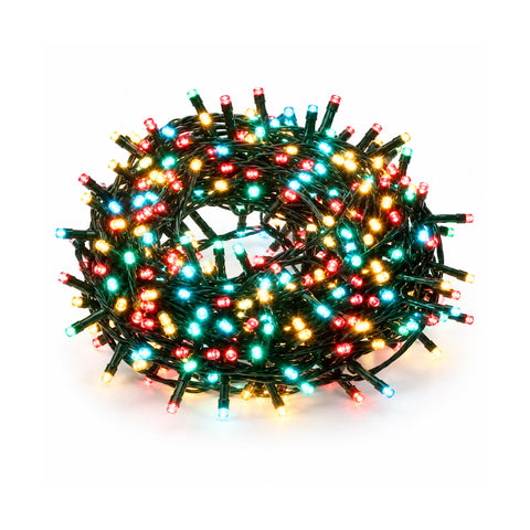 Catena luminosa 180 LED programmabile per interno esterno, luci di Natale con 8 giochi luce, 7 colori disponibili, cavo verde e trasformatore incluso