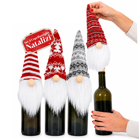 Copribottiglia Natalizio Gnomi Set 4 Pezzi con Cappello in Lana