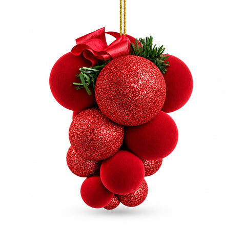 Grappolo palline di Natale da appendere con 17 palline da 4 a 7 cm, fiocco e gancio in filo: in rosso, oro o argento