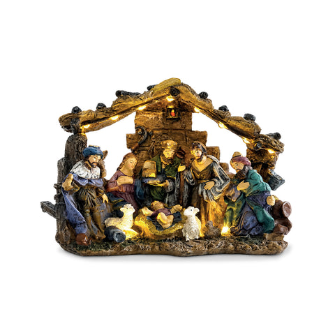 HolyGlow Presepe Natività in Poliresina con Luci LED e Interruttore ON/OFF, Capanna Rustica e Base Stabile, 23x11,5x17 cm
