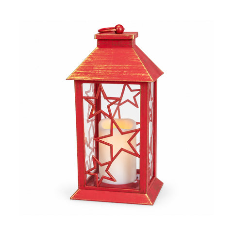 Lanterna Natalizia Rossa LED 30 cm, Cero con Effetto Fiamma, da Appendere o Appoggiare, 14x14x30 cm, 2 Decori Disponibili: Stelle o Fiocchi di Neve